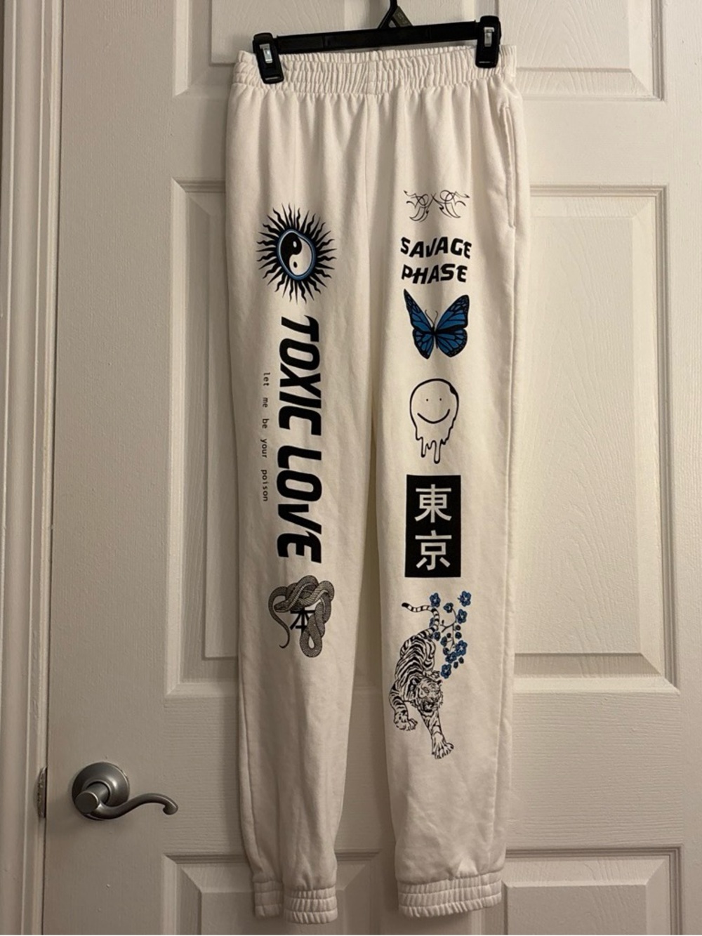 Y2K-Style Adika White Women’s Graphic Jogger Pants with Blue Accents Size XS